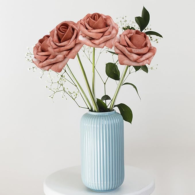 Artificial Flowers Warm Taupe Roses 50PCS Real Looking Foam Fake Roses with Leaves and for DIY Wedding Bouquets Bridal Shower Centerpieces Party Decorations (Warm Taupe)