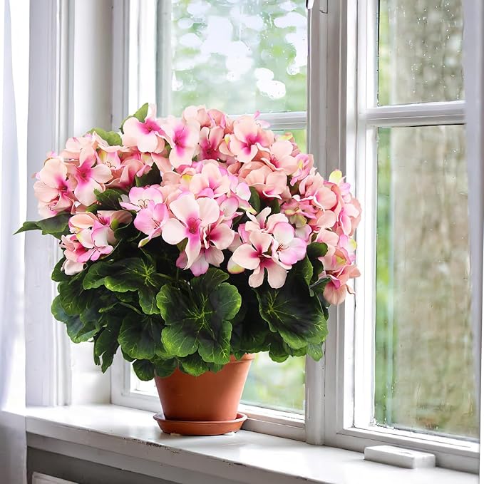 2 Pcs Artificial Geraniums for Outdoor Silk Geranium Flowers Purple Pink Artificial Geranium Bush Faux Flowers Geraniums Branch for Garden Patio Cemetary Vase Table Centerpiece Indoor Decor