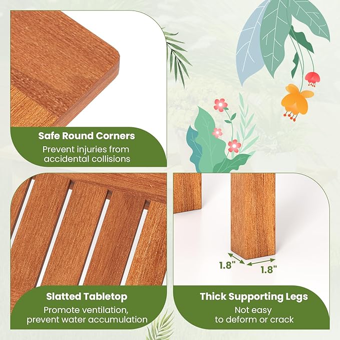Tangkula Wooden Plant Stand, Outdoor Indoor Solid Wood Flower Pot Holder Display Shelf with Teak Oil Finish, Slatted Top, Rustic Plant Rack for Patio Garden Entryway Porch