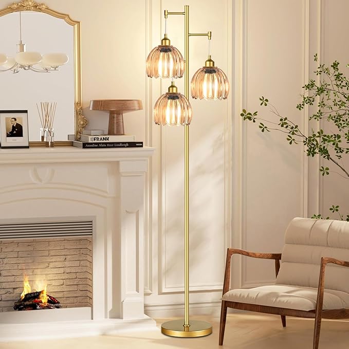 Gold Floor Lamp for Living Room Bedroom,3 Lights Mid Century Modern Floor Lamps with Flower Glass Shades,68IN Tall Standing Lamp with Bulbs,Vintage Tree Floor Lamp for Corner Office Reading