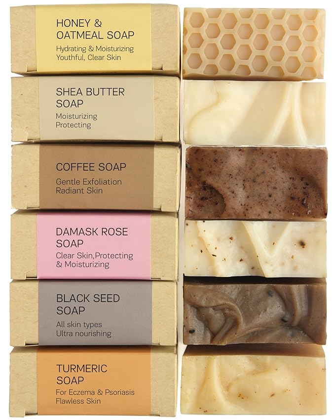 Bar Soap Set for Normal Skin – Natural Soap, Cold Processed Castile Soap Bar, Honey & Oatmeal soap, Blackseed, Shea Butter, Rose essential oil, Coffee, Turmeric Soap Bar (6PK)