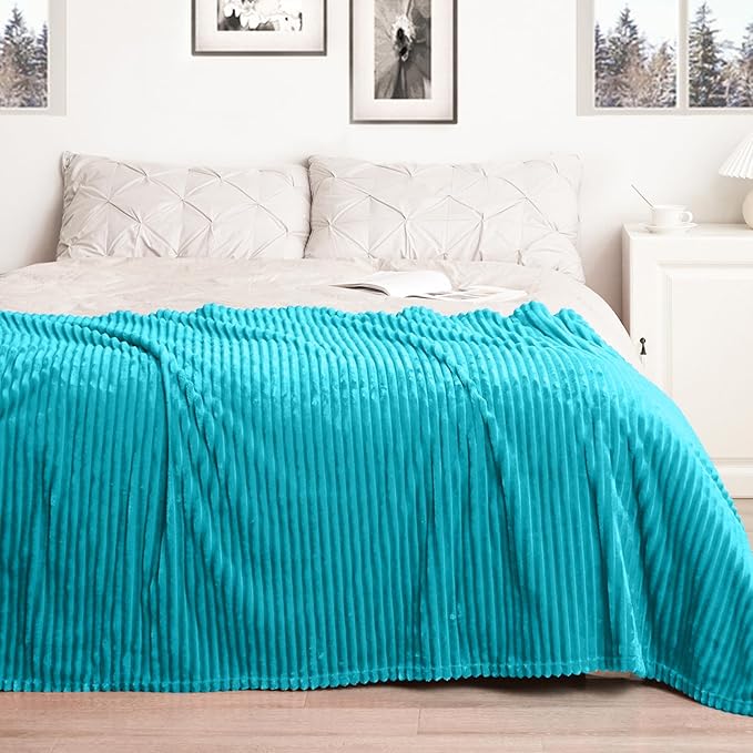 Vessia Flannel Fleece Throw Blanket for Couch,Sofa,Bed, 300GSM Striped Teal Blanket for Adults and Kids, Super Soft Warm Cozy Lightweight Ribbed Throw for All-Season