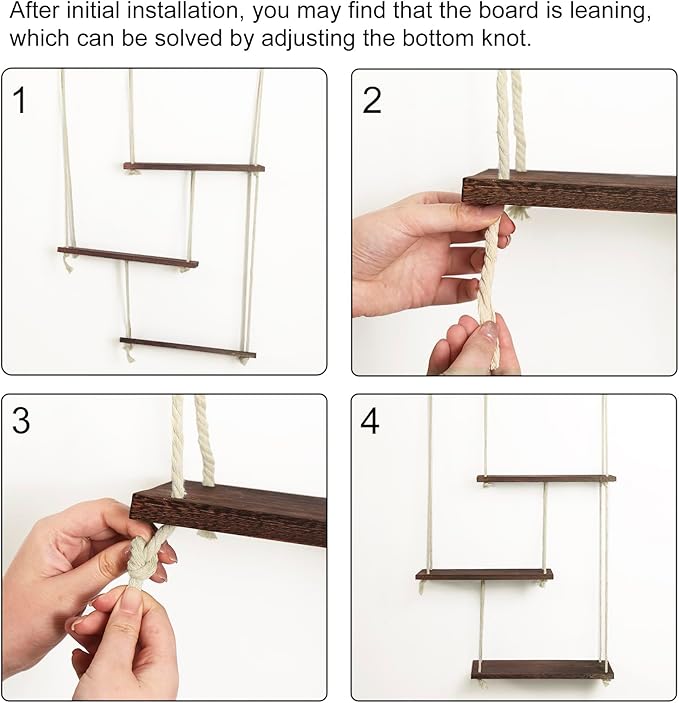 Fixwal Hanging Shelves for Wall, 3 Tier Boho Wall Decor Hanging Plant Shelf Floating Shelves Rope Rustic Wood Organizer Storage Hanger Rack for Aesthetic Home Bedroom Kitchen Bathroom - Dark Brown