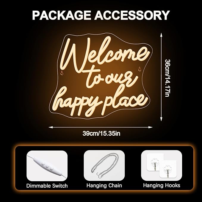 NOSUN WELCOME TO OUR HAPPY PLACE Neon Sign Happy Place Neon Signs for Wall Decor Dimmable Warm White LED Signs for Bedroom Classroom Man Cave Home Bar Birthday Party Game Zone Decor Neon Classroom Sign