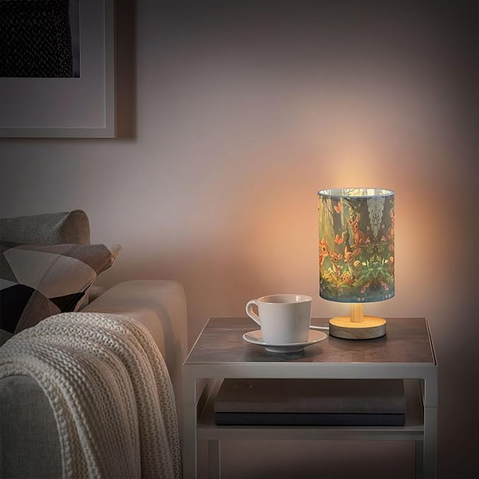 Table Lamp Forest Animal Deer Fox Butterfly Bird Flower Nightstand Lamp with Wood Base Fabric Lamp Shade Bedside Desk Lamp for Living Room Bedroom Kids Room Office