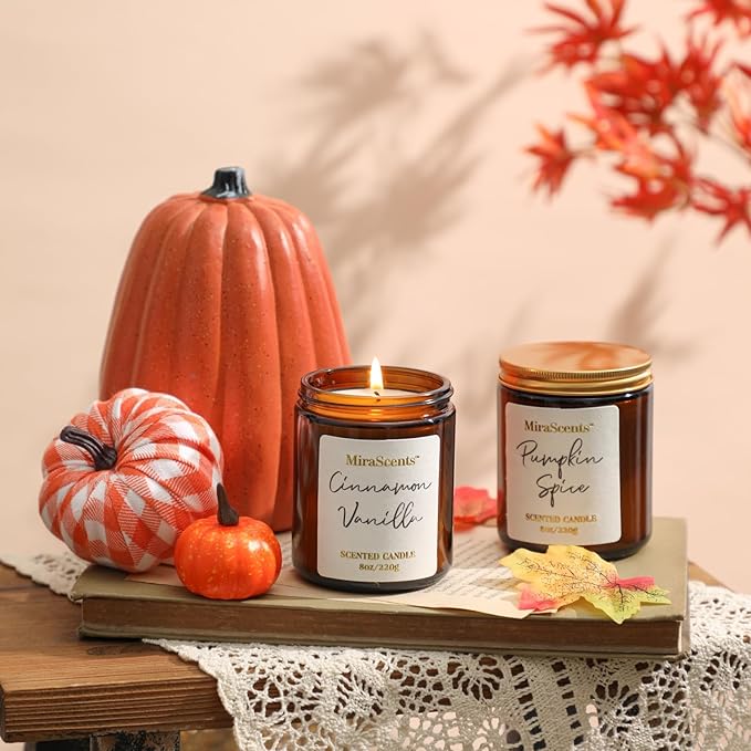 Fall Scented Candle Set, 2 Pack Fall Pumpkin Candles, Autumn Soy Candle Set, Fall Candle Gifts, Autumn Candle for Home Scented, Fall Scents of Cinnamon Vanilla,Pumpkin Spice, AH-Fall-7.5oz