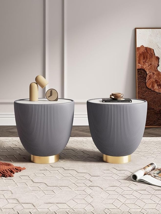 Manhattan Comfort Anderson Modern 18" Round End Table 2.0 | Ceramic Marble Tabletop, Elegant Pleated Leatherette Design & Gold Stainless Steel Base, Fully Assembled Accent Furniture, Set of 2, Grey