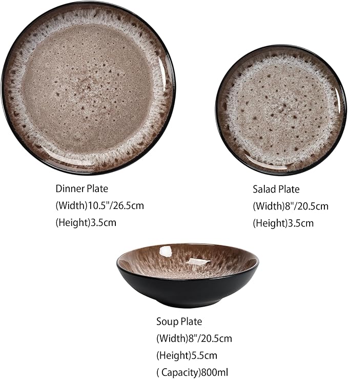 Tudor 6-Piece Dinnerware Set,Service for 2,Brown, Reactive Glaze Dish Set, Plates and Bowls Set,Premium Quality Tableware, Unique Pattern, Glossy, helps with weight loss
