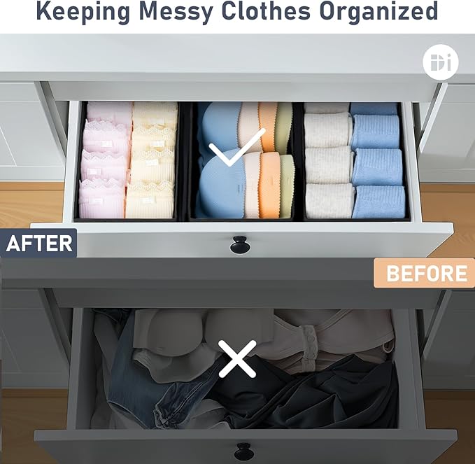 DIMJ Drawer Organizer Clothes - Underwear Organizer Sock Closet Organizers and Storage Box Dresser Organizer, Drawer Dividers for Baby Clothes, Bra, Socks, Belt, Tie, Set of 9, Black