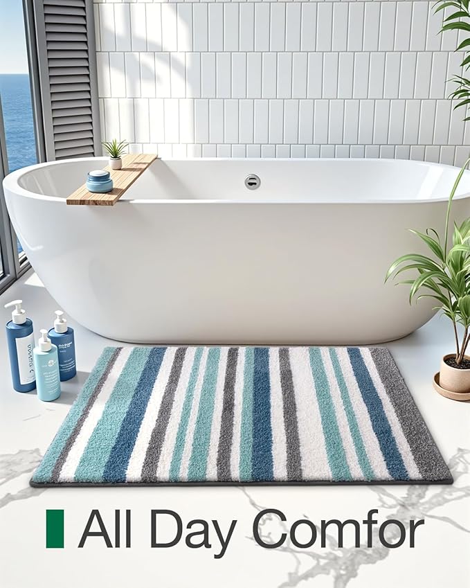 LUMI Striped Bath Rugs, Extra Soft and Absorbent Microfiber Bath Mat, Machine Wash Non-Slip for Bathtub or Bathroom Floor, 24"x43", Blue