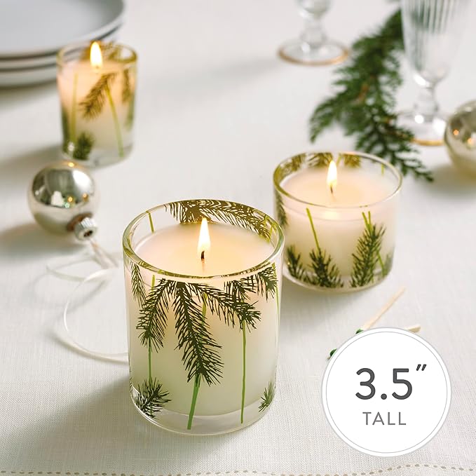 Thymes Frasier Fir Candles - Statement Collection - Silver with Pine Needle Design - Scented Candles for Home Decor - Notes of Siberian Fir Needles, Cedarwood & Sandalwood - Petite (5 oz)