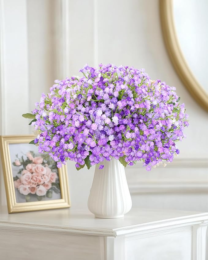 48Pcs Babys Breath Artificial Flowers, Fake Baby Breath Flowers Artificial Bulk Faux Gypsophila Real Touch Flowers for Wedding DIY Bouquet Floral Arrangement Party Home Garden Decor, Purple