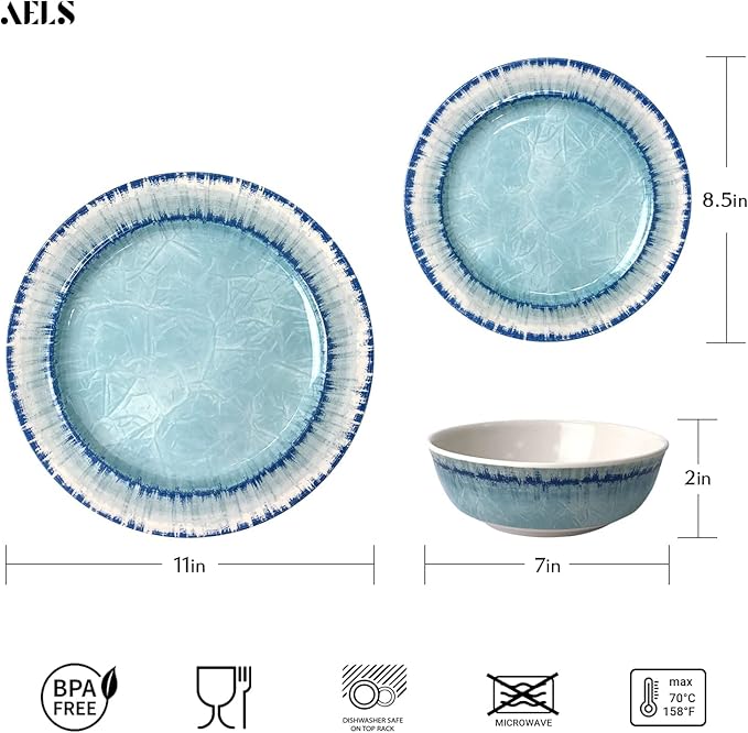 AELS Melamine Dinnerware Set of 18 Pcs Dinner Dishes Set, Lightweight Unbreakable for Indoor and Outdoor Use, BPA Free, Dishwasher Safe, Light Blue