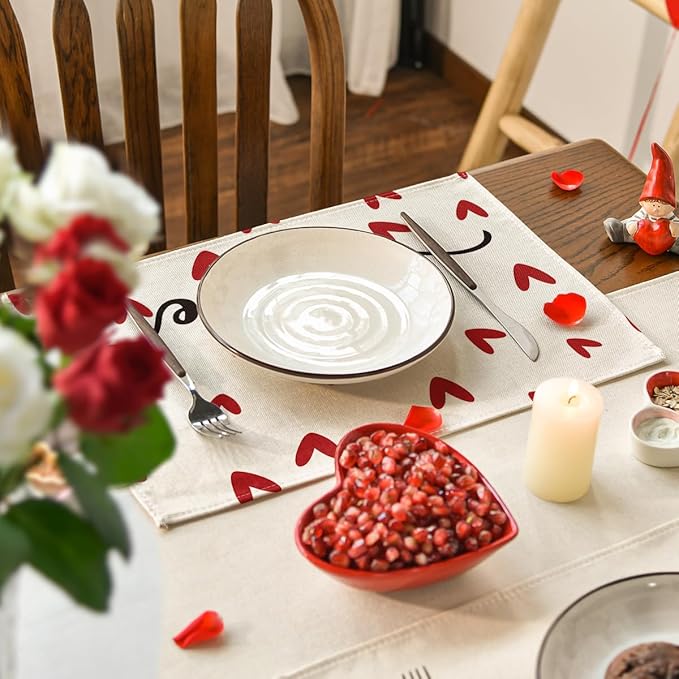 Artoid Mode White Love Valentine Placemats Set of 4, 12x18 Inch Seasonal Anniversary Holiday Table Mats for Party Kitchen Dining Decoration
