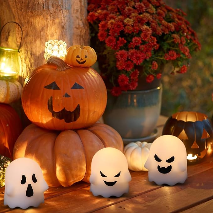 DRomance Ghost Flickering Flameless Candles Battery Operated with Remote and Timer 6 Pack Spooky White LED Tea Lights Candles Dimmable Light Halloween Indoor Decoration Gifts(2 x 2.4 Inches)