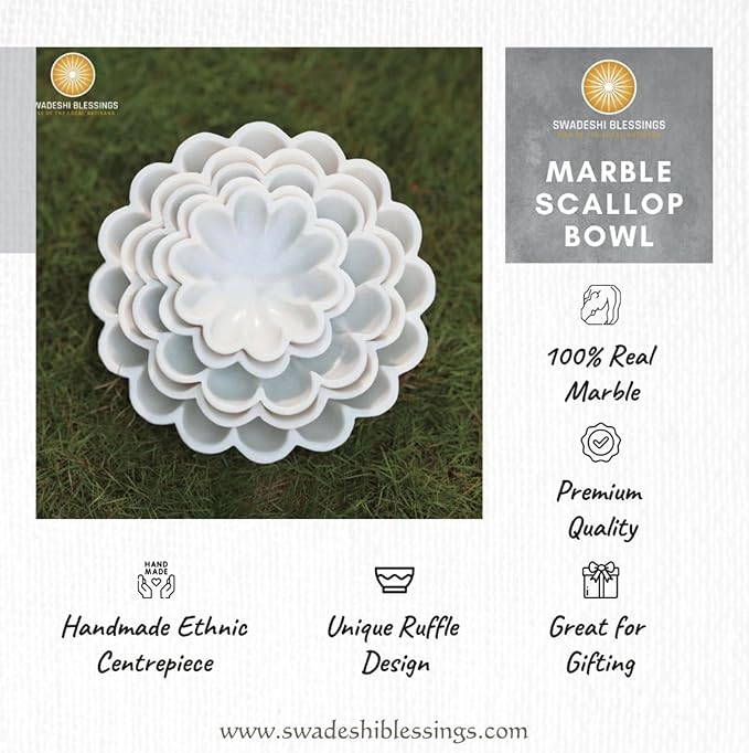 SWADESHI BLESSINGS HandCrafted Marble Decorative Bowl | White Ruffle Scalloped Fluted Key/Fruit Ring Dish | Organic Modern Home Decor (12 Inches)