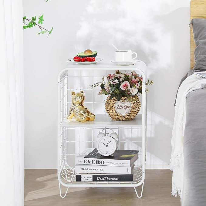 APEXCHASER Cute Nightstand,Metal Side Table,3 Tier End Table with Storage,Vintage Bedside Table,Girls Bedroom Furniture,Coffee Table for Living Room,Bedroom,Dorm,White