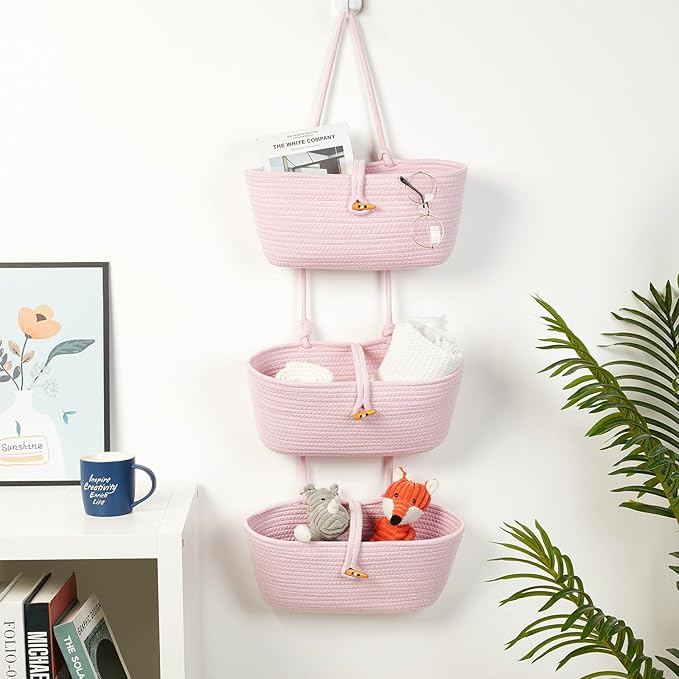 DULLEMELO Hanging Wall Basket for Wall Decor | Pink Woven Storage Basket with Button Strap | 3-Tier Hanging Baskets for Organizing | Hanging Kitchen Baskets