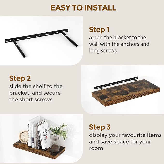 24W x 9.3D Floating Shelves, 9.3" Deep Wall Shelves Set of 2, Farmhouse Rustic Wood Shelf 24 Inch Long, Large Display & Storage Shelves for Book, Living Room, Bathroom, Kitchen - Rustic Brown