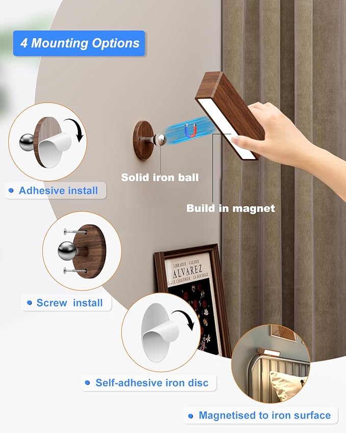 YiLaie Wall Sconces Battery Operated Set of 2,Rechargeable Wall Sconce for Bedroom,Wireless Wall Lights Dimmable,Wood Wall Lights with 360 Rotation,Peel and Stick Wall Sconces for Bedroom Bedside