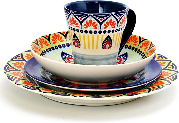 Elama Zen Blue Mozaik Multicolored Round Stoneware Mandala Pattern Dinnerware Set, 16 Piece