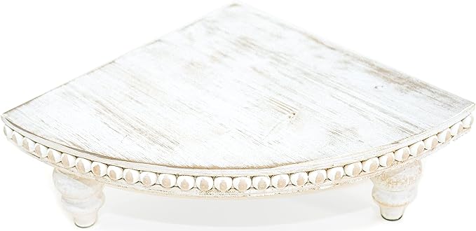 Corner Pedestal Stand Rustic Decor Riser for Display - Farmhouse Wood Rounded Beaded Tray for Kitchen and Bathroom Countertop Organizer, Coffee Bar, Plant Stand with Removable Feet (Rustic White)