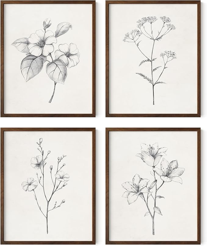 Haus and Hues Grey Floral Wall Art - Set of 4 Plant Posters for Wall Vintage, Botanical Prints, Black and White Flower Pictures for Room Aesthetic, Farmhouse Bathroom, Rustic Art (16x20, Framed