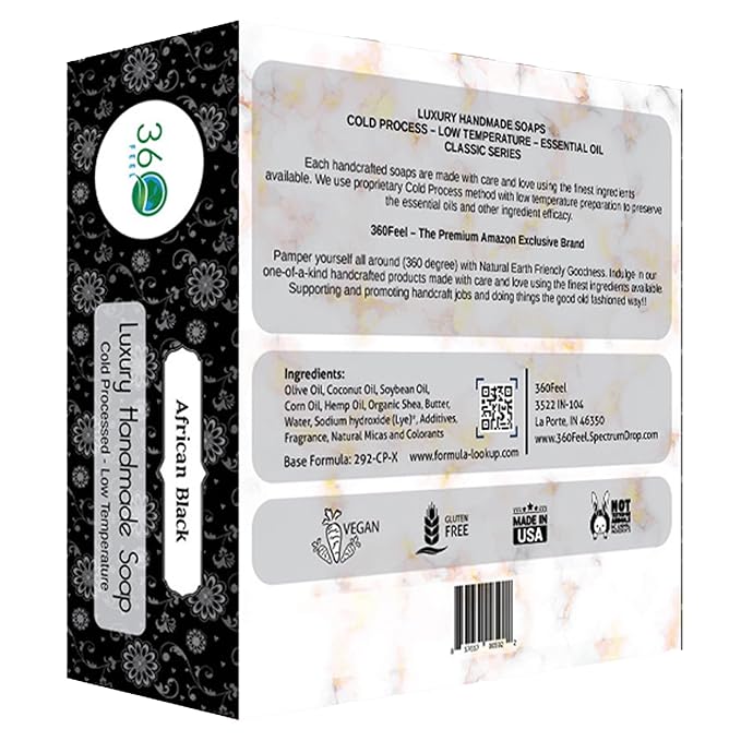 360Feel African Black Soap - Handcrafted Castile Soap Bar with Soothing Scent - Handmade with Essential Oil - Suitable Gift for Anniversaries, Weddings, and Holiday Stockings - Rich Lather