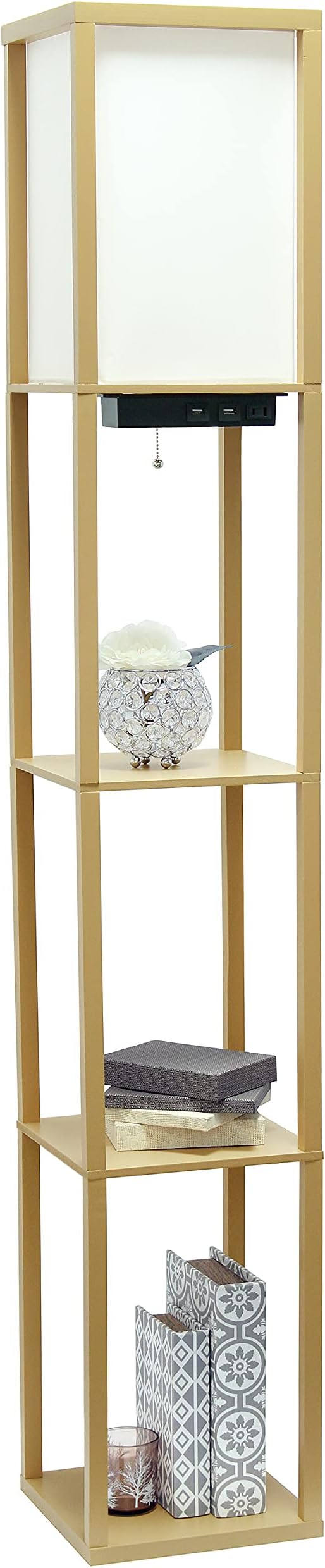 Simple Designs LF1037-TAN Floor Lamp Etagere Organizer Storage Shelf with 2 USB Charging Ports, 1 Charging Outlet and Linen Shade, Tan
