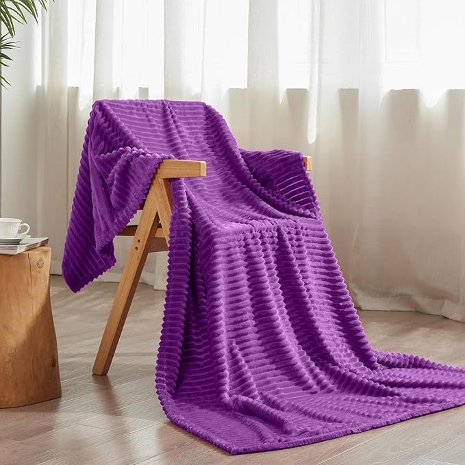Vessia Flannel Fleece Throw Blanket for Couch,Sofa,Bed, 300GSM Striped Purple Blanket for Adults and Kids, Super Soft Warm Cozy Lightweight Ribbed Throw for All-Season