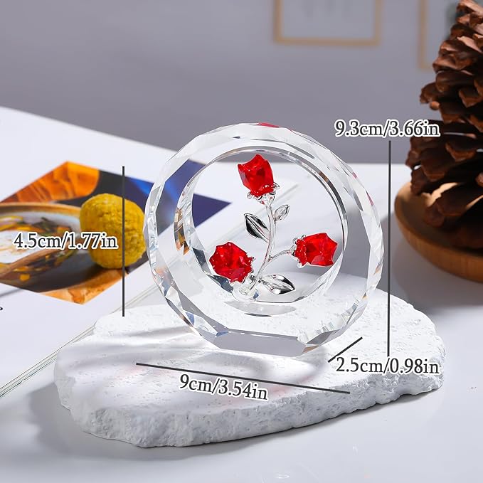 Crystal Red Rose Bouquet Figurines Glass Flowers with Stems Valentines Anniversary Rose Gifts for Girlfriend Wife, Red Crystal Rose in Glass Ring Collectible Figurines Forever Roses Decor
