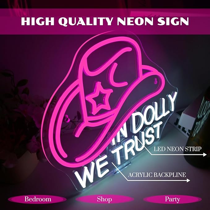 In Dolly We Trust Neon Sign Dimmable Cowgirl Hat Led Signs for Wall Decor LED USB Powered Western Retro Style Neon Light Sign for Club Home Party Bar Girls Bedroom Decoration Birthday Gifts