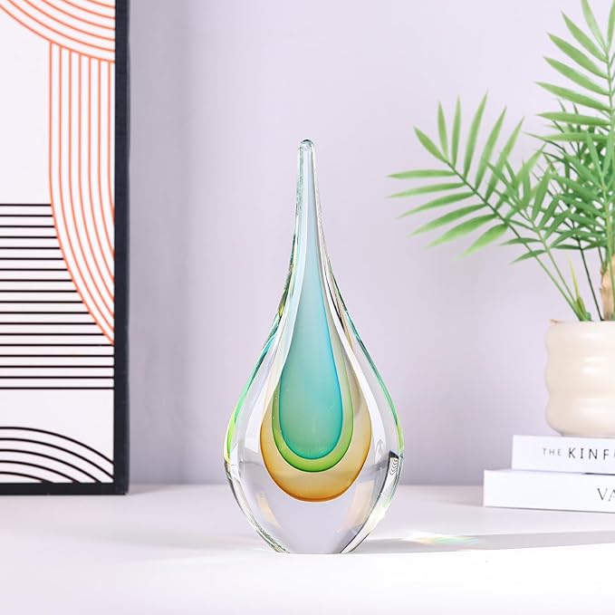 DOVDOV Blown Glass Sculpture, Light Green Glass Art Teardrop Statue, Unique Ocean Themed Decor for Office, Bookshelf, Dresser, Living Room Coffee Table, Fireplace countertop Decor.