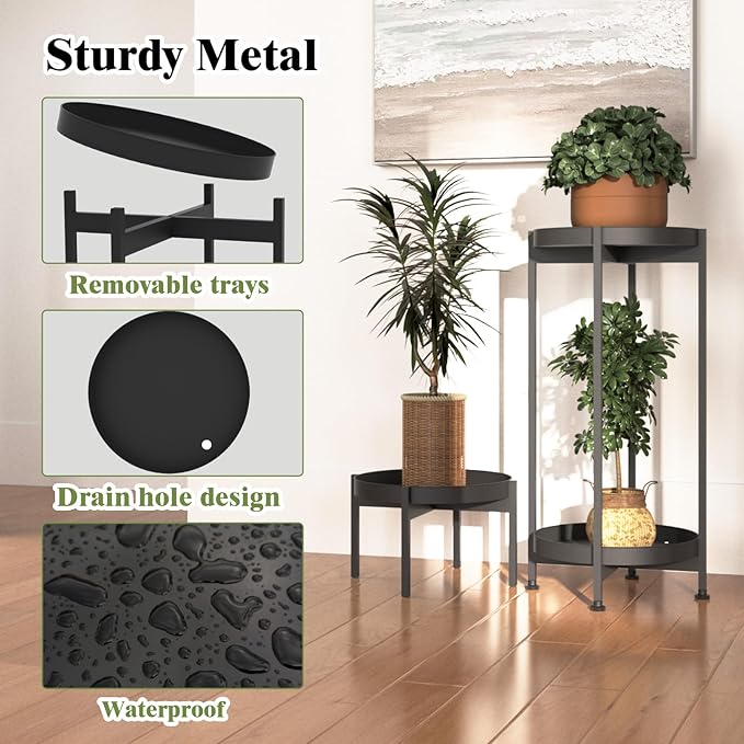 Plant Stand Indoor, 7.9'' H & 25.5'' H, Stable Plant Holder, Flower Pot Stands for Multiple Plants, Metal, Iron, Black