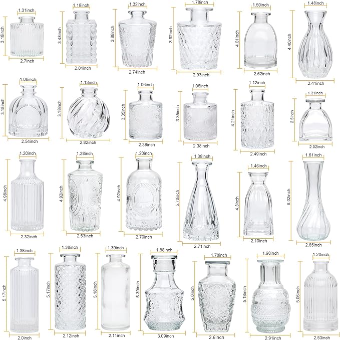 Brajttt Set of 32 Bud Vases for Flowers, Small Vintage Glass Bottles for Rustic Wedding Centerpieces and Home Decor