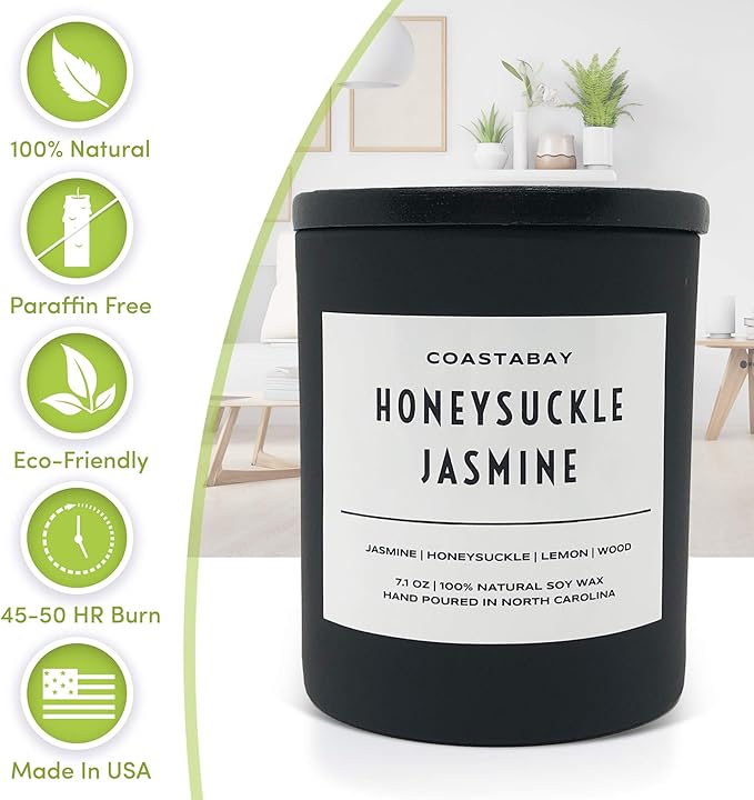 Honeysuckle Jasmine Candle | All Natural Soy Candles for Home Scented, Summer and Spring Candles, Long Lasting 45hr Burn, Floral, Clean, Organic & Non Toxic, 7.1oz