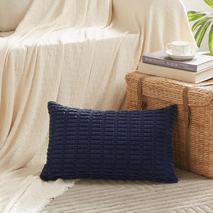 Fancy Homi 4 Packs Navy Blue Decorative Throw Pillow Covers 12x24 Inch for Living Room Couch Bed Sofa, Rustic Modern Farmhouse Boho Home Decor, Soft Plush Corduroy Cute Square Cushion Case 30x60 cm