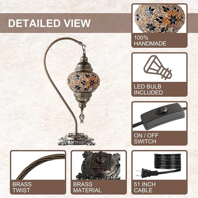 Kafthan Turkish Moroccan Mosaic Lamp – Handmade Glass Swan Neck Bedside Lamp with Antique Brass Base, Ideal Decor for Bedroom, Office, Living Room – Bulb Included (Ecru Snow Flakes)
