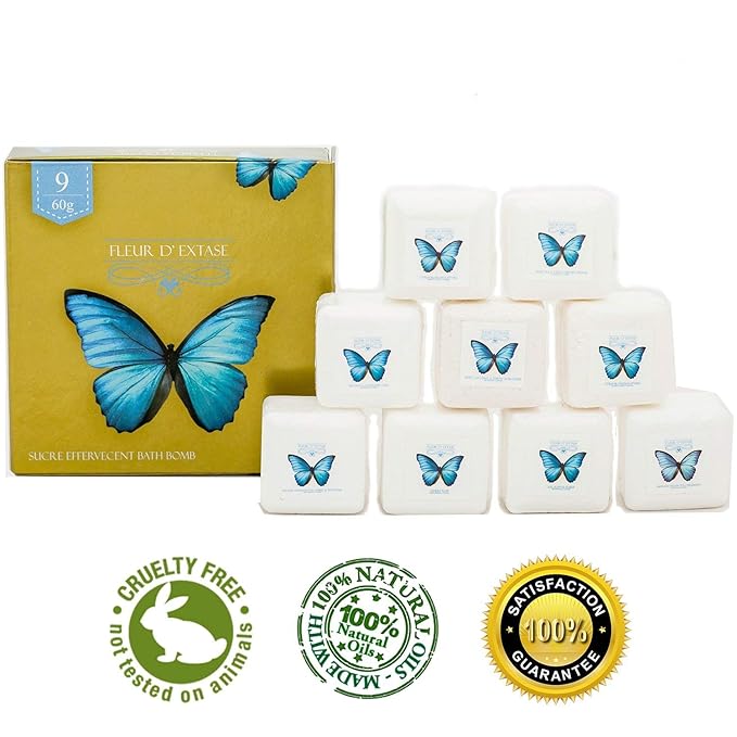 Set of 9 Organic Bath Bombs in a Beautiful Bath Bomb Gift Set - French Style Effervescent Ecstacy Bathbomb Essential Oil Spa Fizzies. Made with Natural Colors
