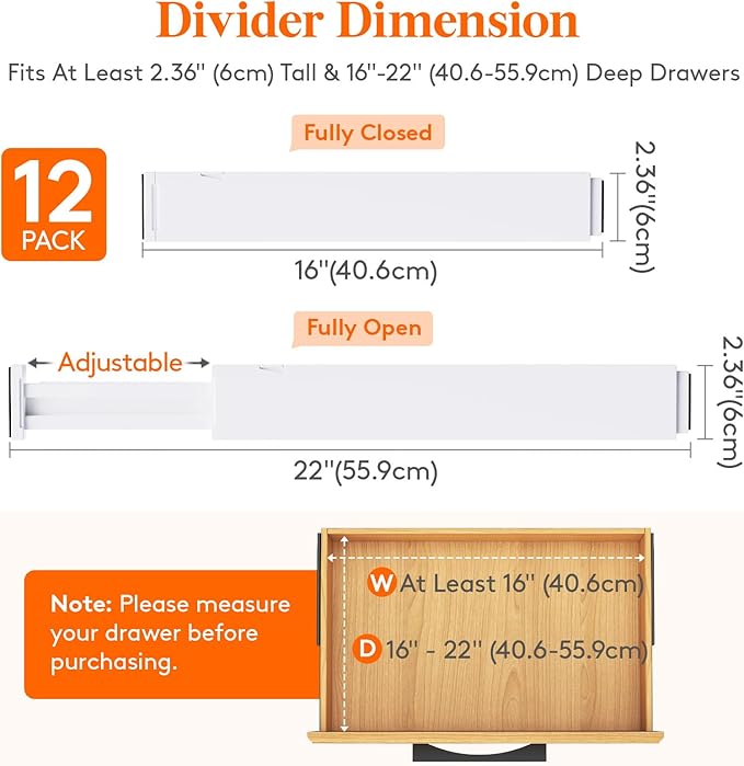 Lifewit 12 Pack Kitchen Drawer Dividers 2.36" High, 16"-22" Adjustable Drawer Organizer for Utensils/Clothes/Makeup, Plastic Expandable Separators in Dresser/Bedroom/Bathroom/Office Storage