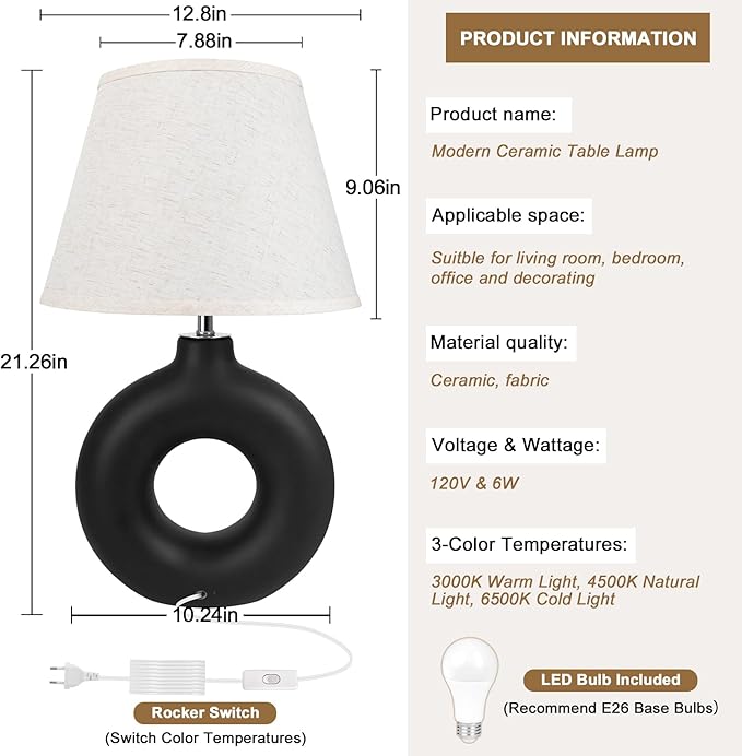 Black Ceramic Table Lamp for Living Room Bedroom, 21" Modern Bedside Lamps with 3 Color Temperature Farmhouse Rustic Table Lights for Night Stands, Dorm, Office, Home Décor (Bulb Included)