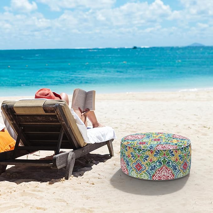 LVTXIII Inflatable Stool Ottoman Footrest with Handle, All Weather Foot Rest, Indoor or Outdoor Use for Home Patio Garden and Camping, D21 x H9, Damask Red