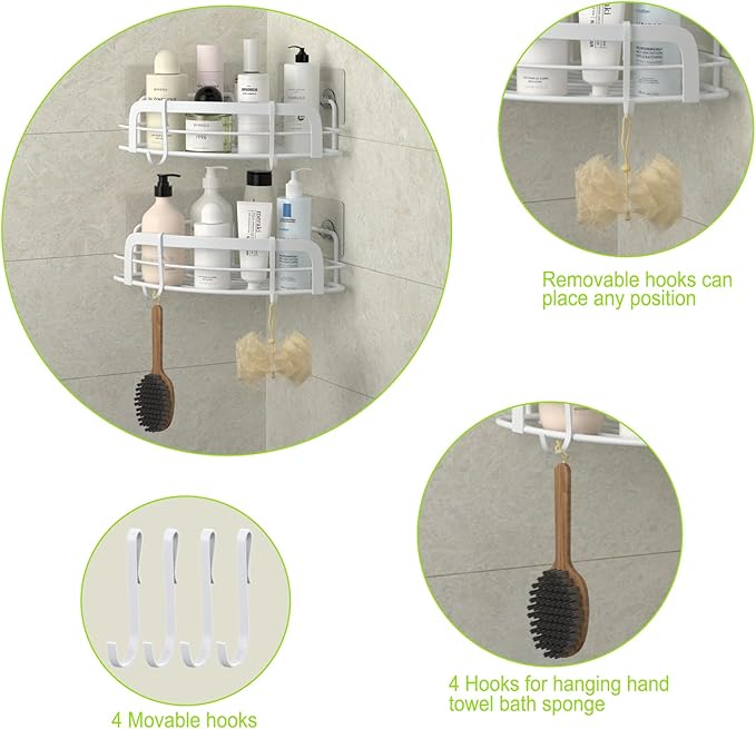 STEUGO 2-Pack Corner Shower with 4 Hooks Adhesive, Bathroom Shower Rack Rust Resistant SUS304 Stainless Steel for Dorm Bathroom Kitchen Storage (White)