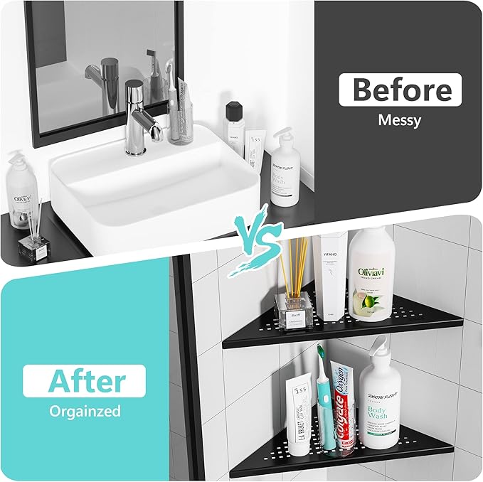 Corner Shower Shelves, 10” Recessed Tile Shower Shelf Matte Black, 304 Stainless Steel Grout in Corner Tile Bathroom Shelves, No Drilling, 2 Pack