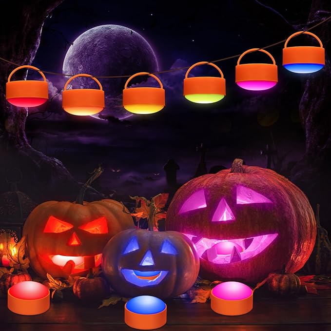 Halloween LED Flameless Pumpkin Lights, Battery Operated Jack-O-Lantern Lights with Remote Control and Timer, RGB Dimmable Color Changing Lights for Halloween and Pumpkin Decoration - 4 Pack