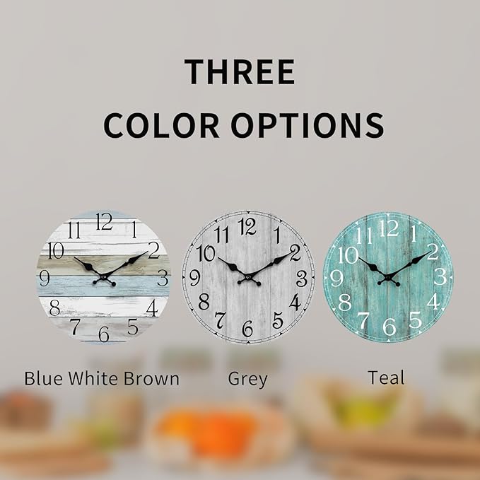 HYLANDA Wall Clock, 10 Inch Wall Clocks Battery Operated Silent Non Ticking, Country Wooden Clocks Farmhous Clock for Bathroom, Living Room, Kitchen, Bedrooms (Gray)