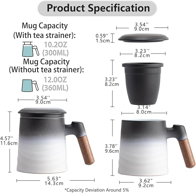 ZENS Tea Cup with Infuser and Lid, Wood Handle Loose Tea Steeper Mug, 12 Ounces Matte Gradient Embossed Ceramic Stainer Mug for Tea Gifts, Black & White
