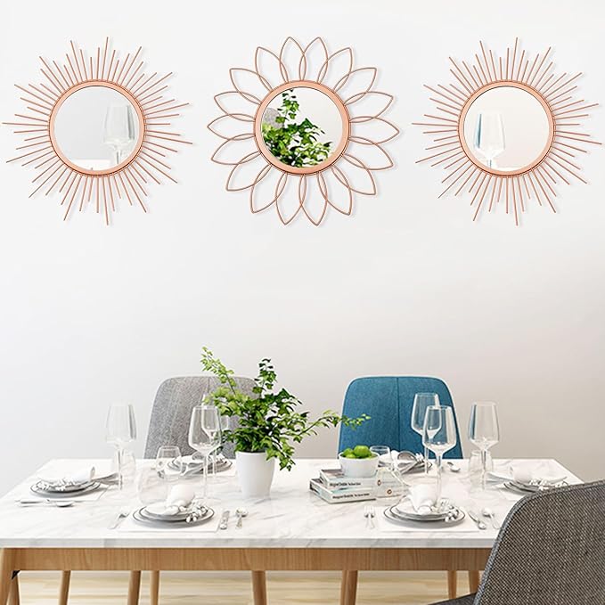 3 Pack Metal Mirrors for Wall Sunburst Wall Mirrors Home Décor Decorative Hanging Wall Art for Living Room Bedroom Entryway (Rose Gold, Flower+Sunburst)