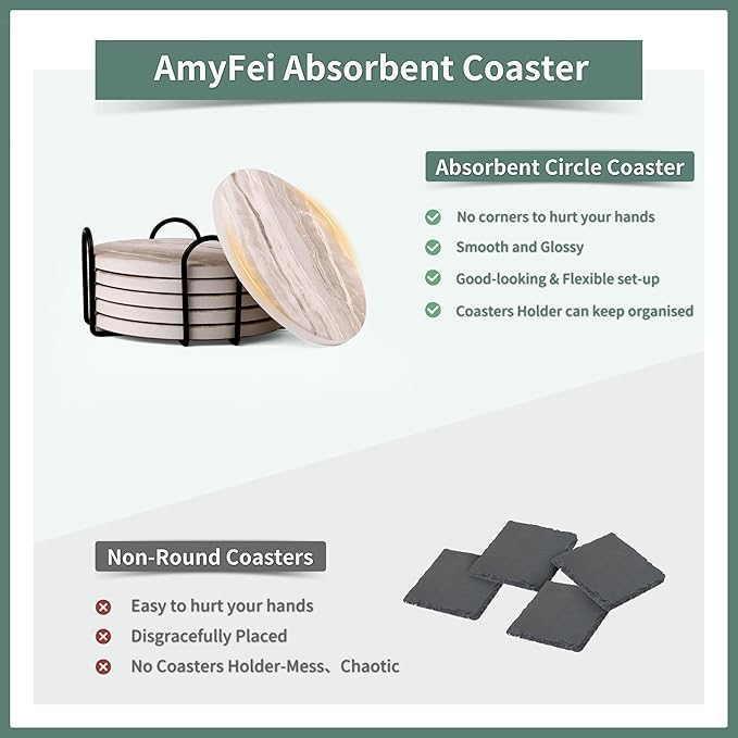Marble Coasters for Coffee Table, Set of 6 with Holder, Ink&Wash Painting on White Absorbent Ceramic, 4 Inches