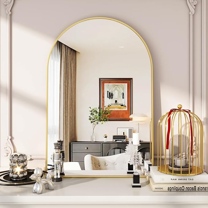 Arched Wall Mirror, 24 x 36 inch Arch Bathroom Mirror, Wall Mounted Vanity Mirror with Arch Metal Frame, Modern Bathroom Vanity Mirror for Bedroom, Living Room, Hanging or Leaning, Gold